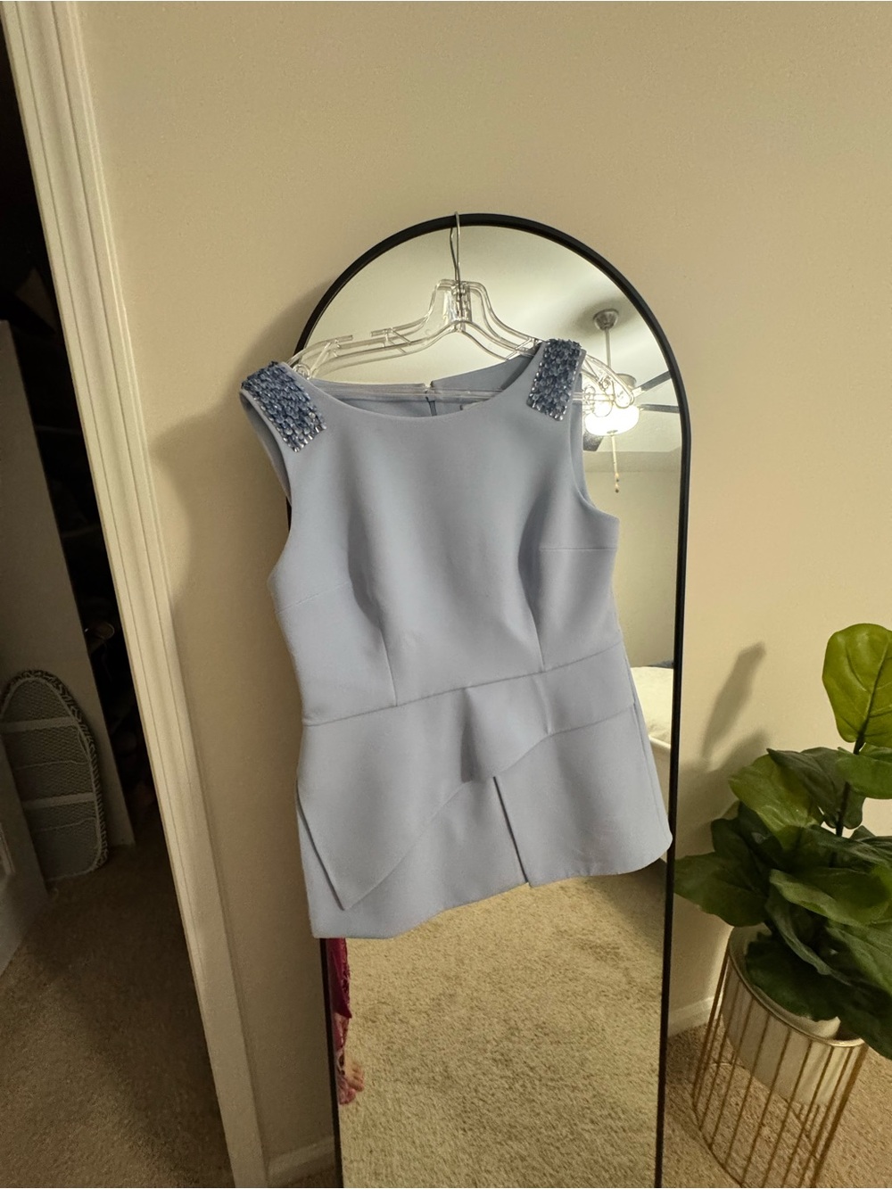 Sleeveless Light Blue Embellished Shoulder Peplum Top